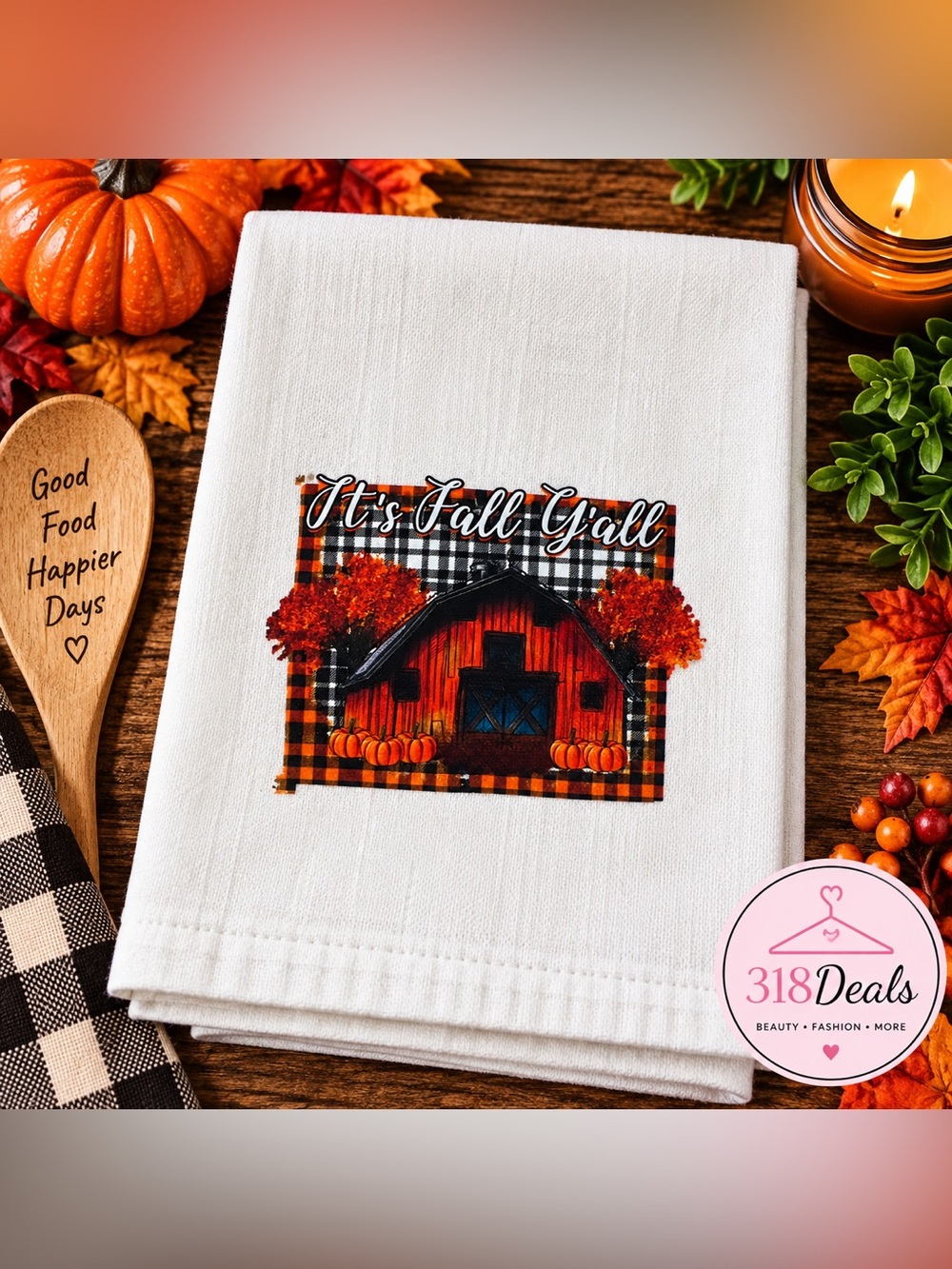 White Fall Barn Decorative Kitchen Towel - It's Fall Y'all
